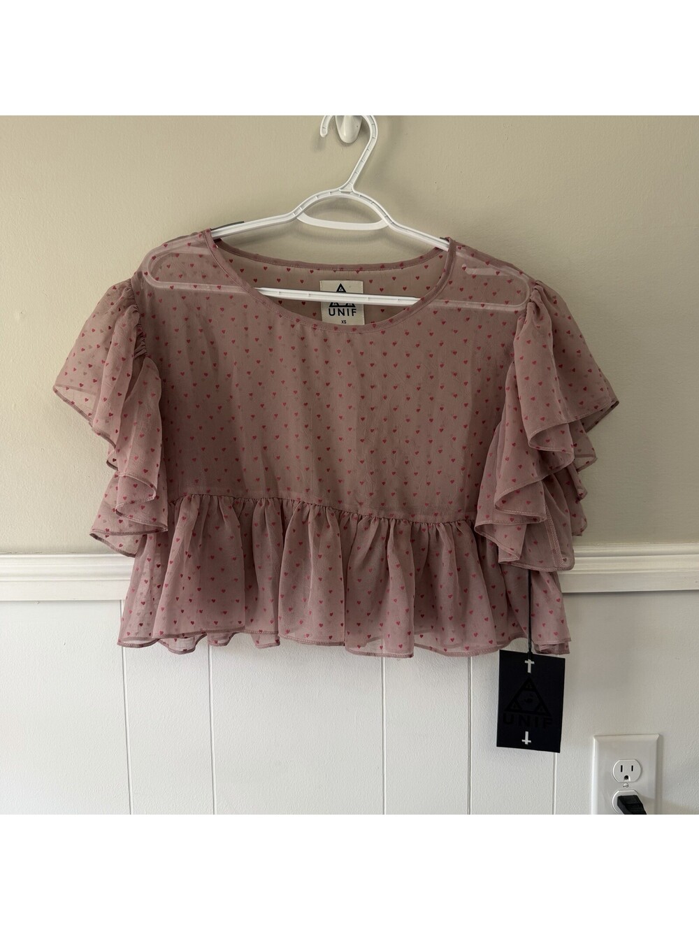 UNIF Polka Dot Hearts Sheer Babydoll Flutter Sleeve Sz XS Glam Meets Grunge NWT